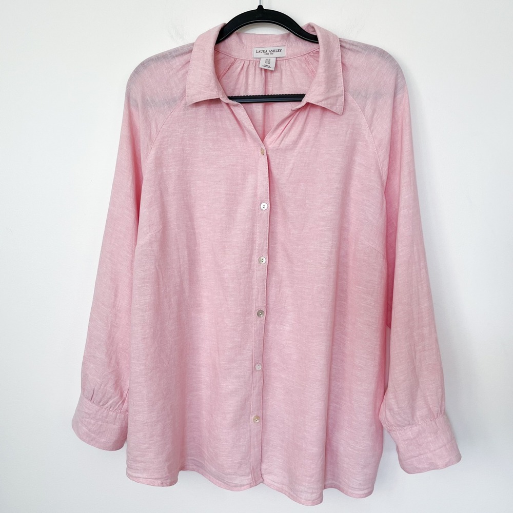 Laura Ashley Linen Blend Long Sleeve Button Up Shirt Womens 1X‎ Pink